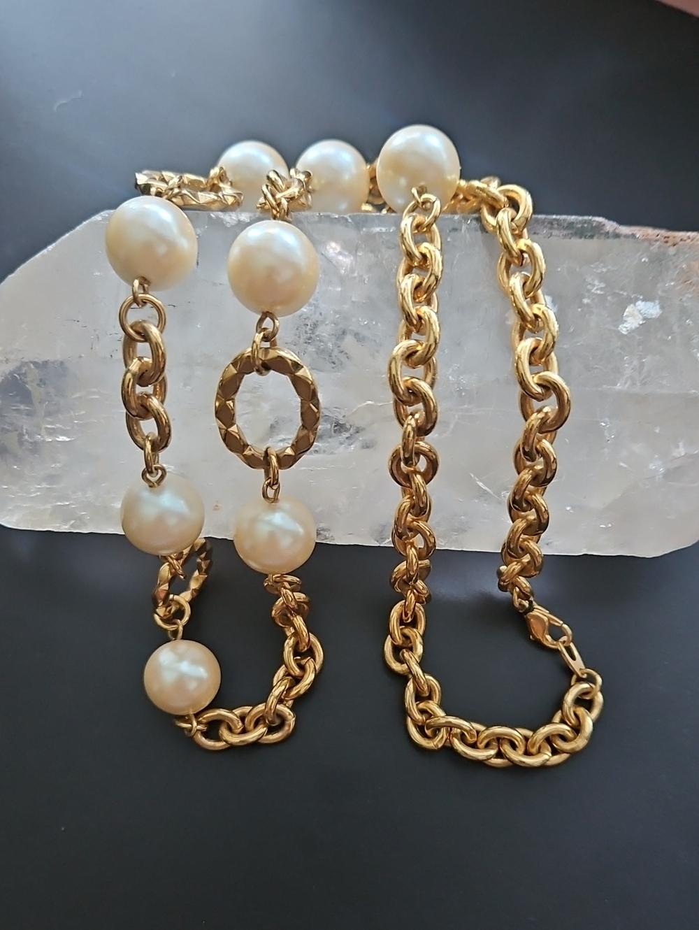 Vintage MONET Faux Pearl Link Necklace Goldtone Elegant Women's Jewelry